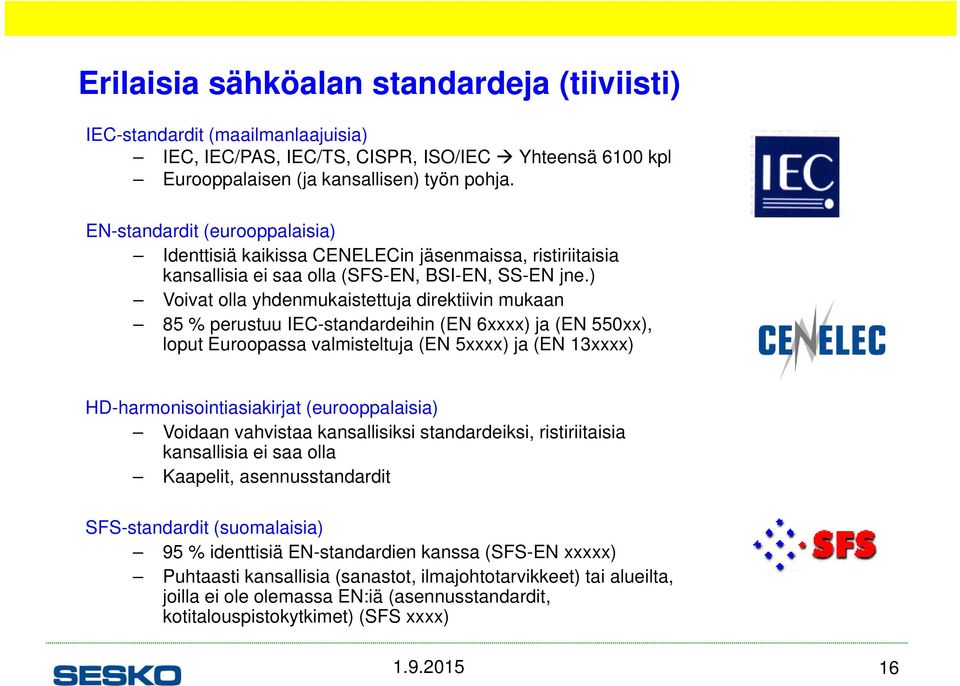 ) Voivat olla yhdenmukaistettuja direktiivin mukaan 85 % perustuu IEC-standardeihin (EN 6xxxx) ja (EN 550xx), loput Euroopassa valmisteltuja (EN 5xxxx) ja (EN 13xxxx) HD-harmonisointiasiakirjat