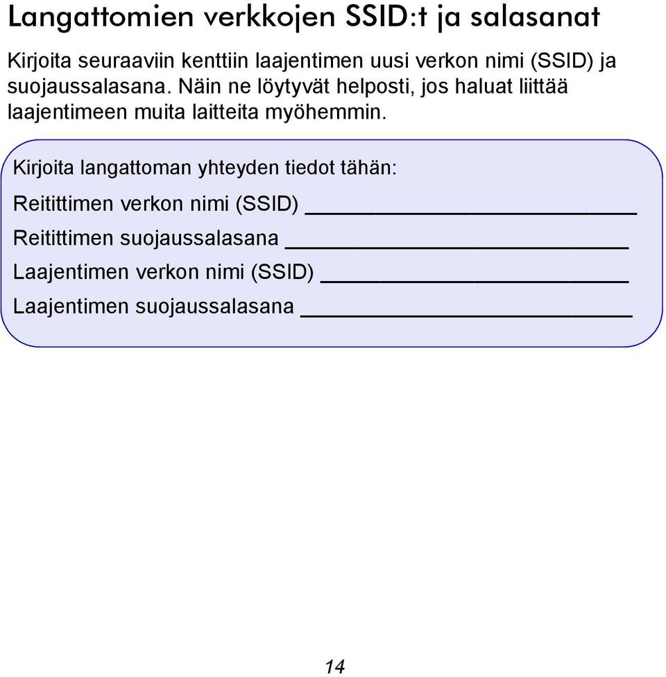 Näin ne löytyvät helposti, jos haluat liittää laajentimeen muita laitteita myöhemmin.