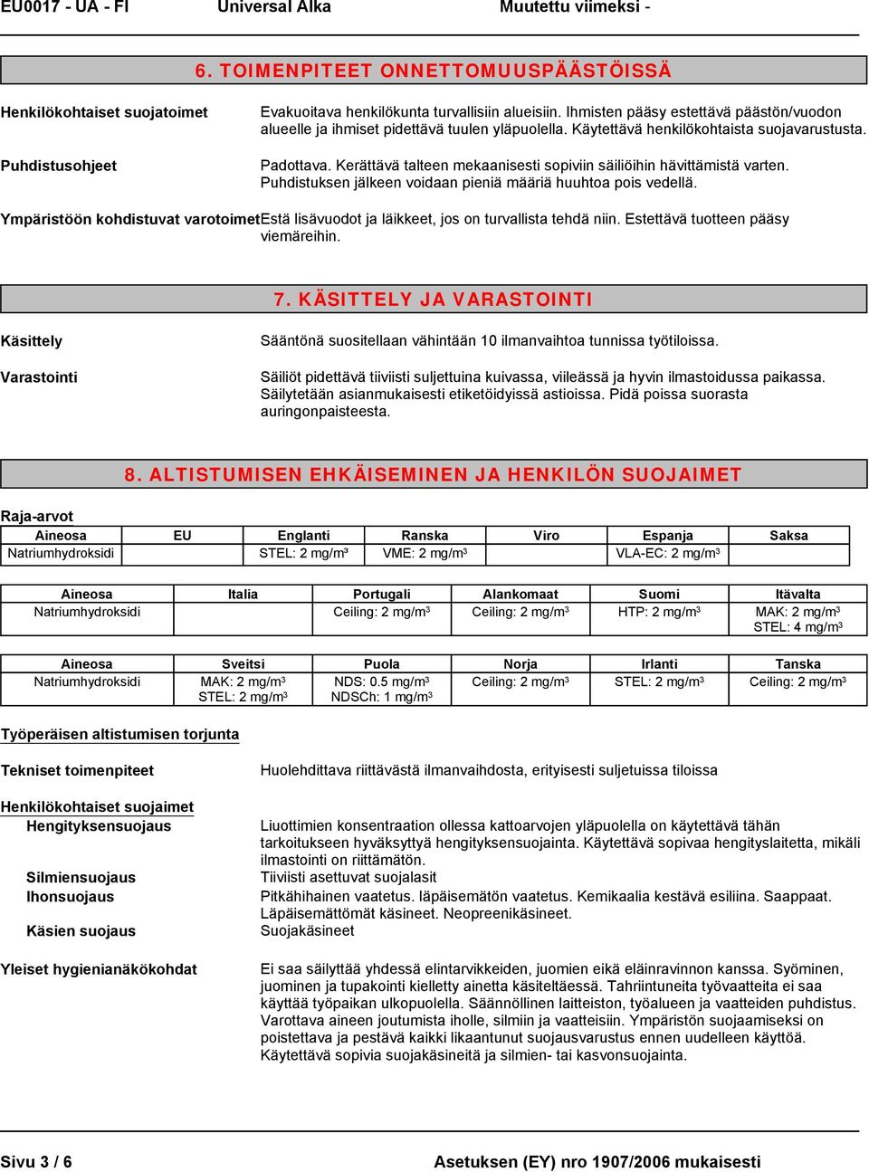 Kerättävä talteen mekaanisesti sopiviin säiliöihin hävittämistä varten. Puhdistuksen jälkeen voidaan pieniä määriä huuhtoa pois vedellä.