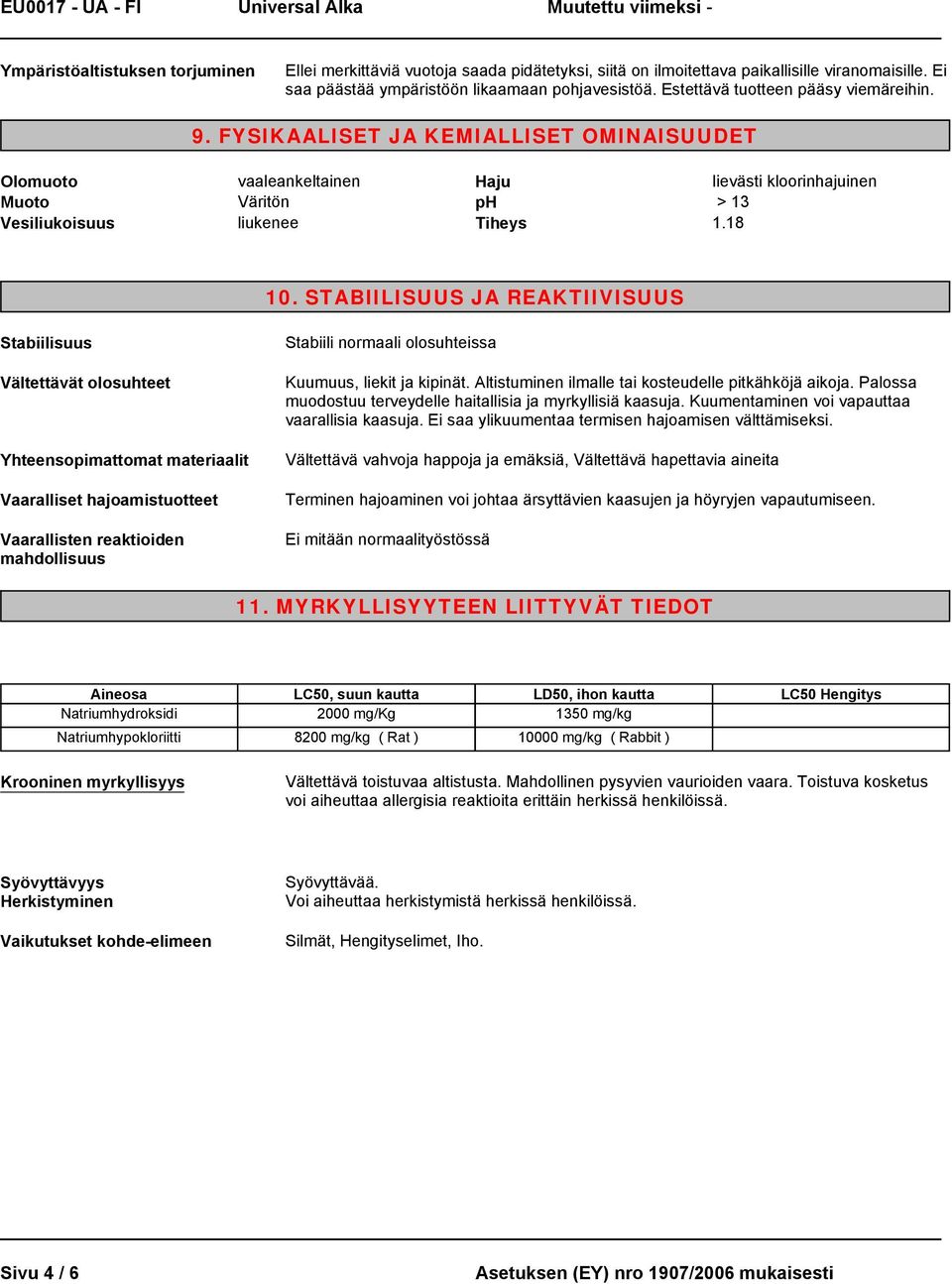 STABIILISUUS JA REAKTIIVISUUS Stabiilisuus Vältettävät olosuhteet Yhteensopimattomat materiaalit Vaaralliset hajoamistuotteet Vaarallisten reaktioiden mahdollisuus Stabiili normaali olosuhteissa