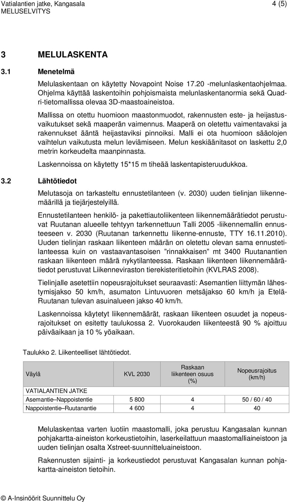 Mallissa on otettu huomioon maastonmuodot, rakennusten este- ja heijastusvaikutukset sekä maaperän vaimennus. Maaperä on oletettu vaimentavaksi ja rakennukset ääntä heijastaviksi pinnoiksi.