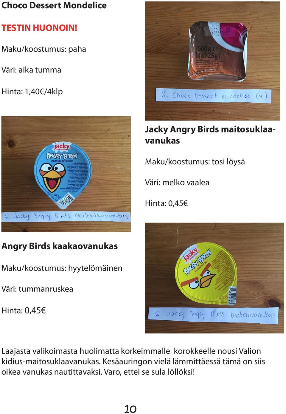 Väri: melko vaalea Hinta: 0,45 Angry Birds kaakaovanukas Maku/koostumus: hyytelömäinen Väri: tummanruskea Hinta: 0,45