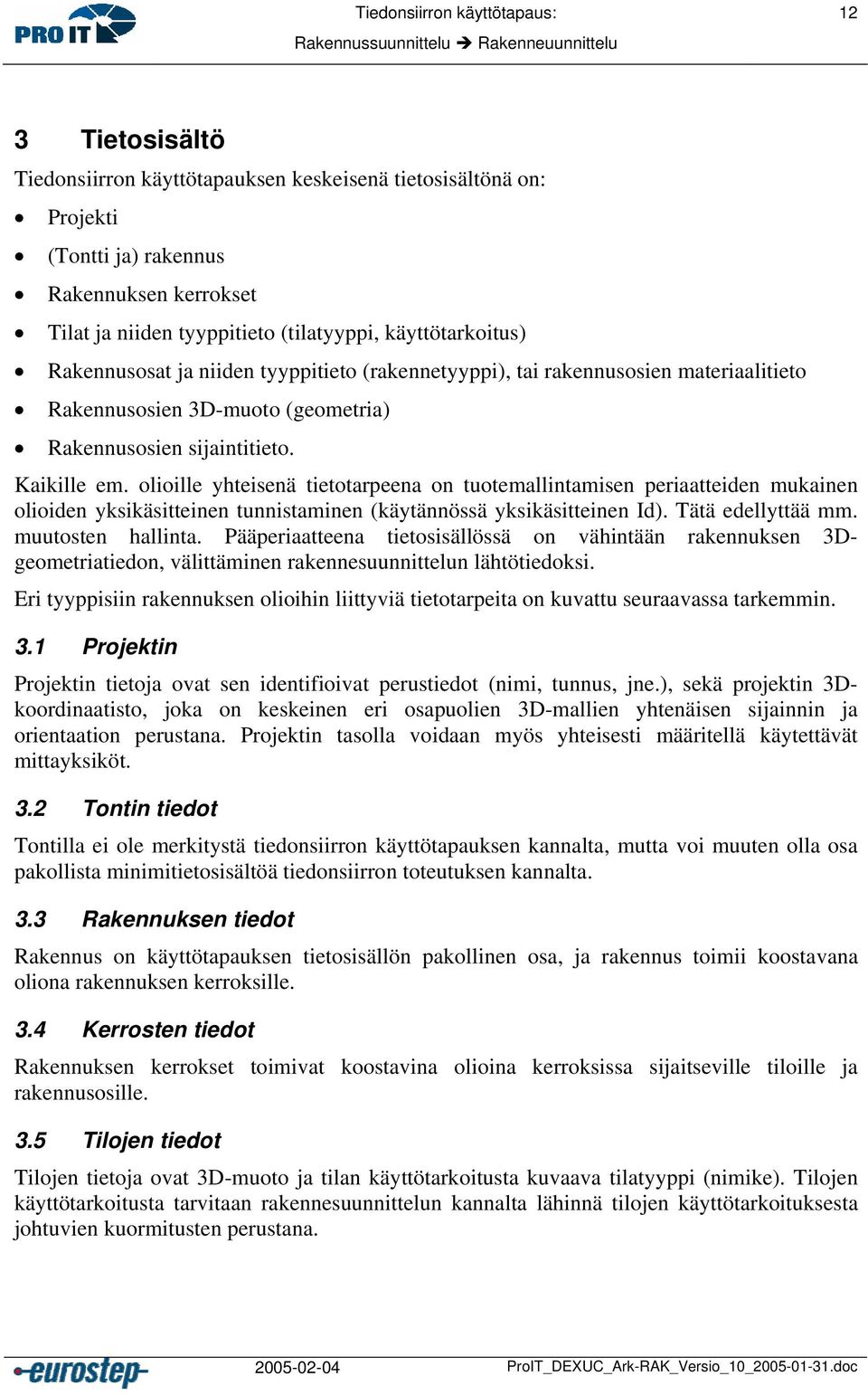 sijaintitieto. Kaikille em. olioille yhteisenä tietotarpeena on tuotemallintamisen periaatteiden mukainen olioiden yksikäsitteinen tunnistaminen (käytännössä yksikäsitteinen Id). Tätä edellyttää mm.