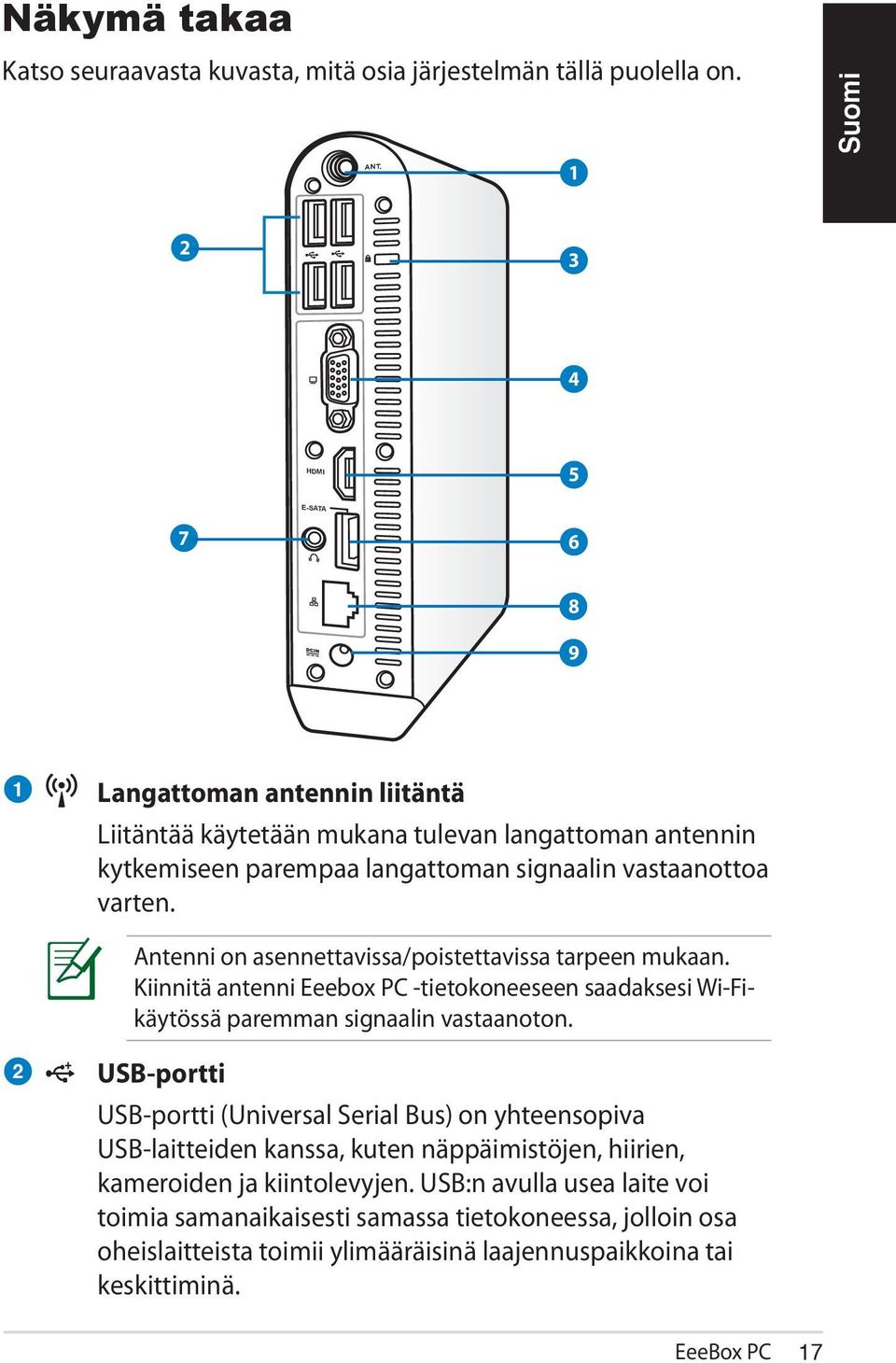 Antenni on asennettavissa/poistettavissa tarpeen mukaan. Kiinnitä antenni Eeebox PC -tietokoneeseen saadaksesi Wi-Fikäytössä paremman signaalin vastaanoton.