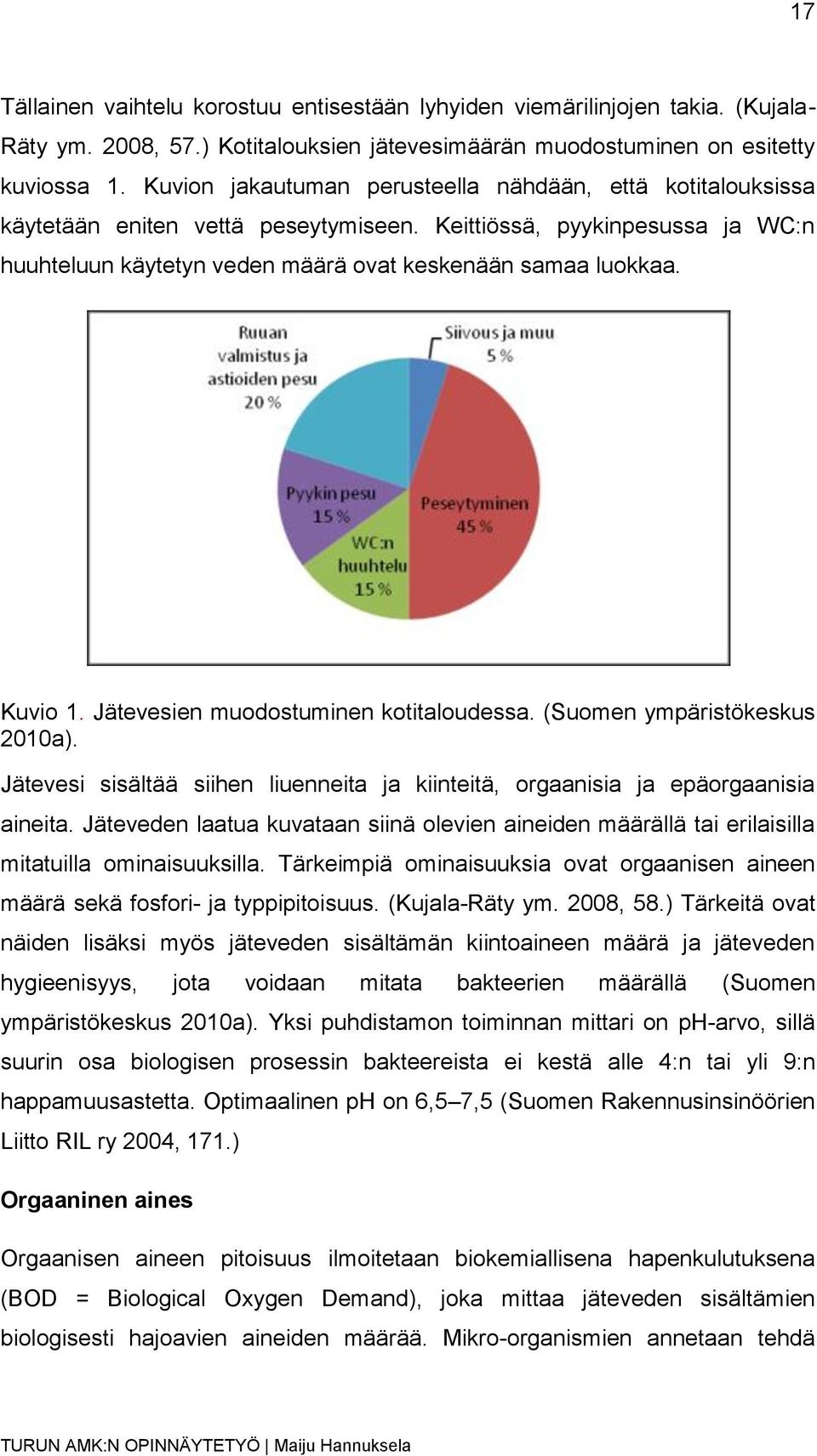 Kuvio 1. Jätevesien muodostuminen kotitaloudessa. (Suomen ympäristökeskus 2010a). Jätevesi sisältää siihen liuenneita ja kiinteitä, orgaanisia ja epäorgaanisia aineita.