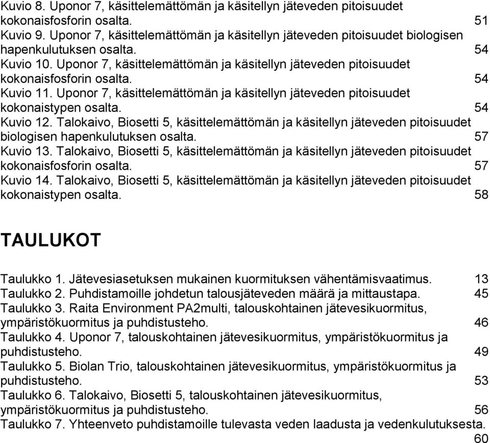 54 Kuvio 11. Uponor 7, käsittelemättömän ja käsitellyn jäteveden pitoisuudet kokonaistypen osalta. 54 Kuvio 12.