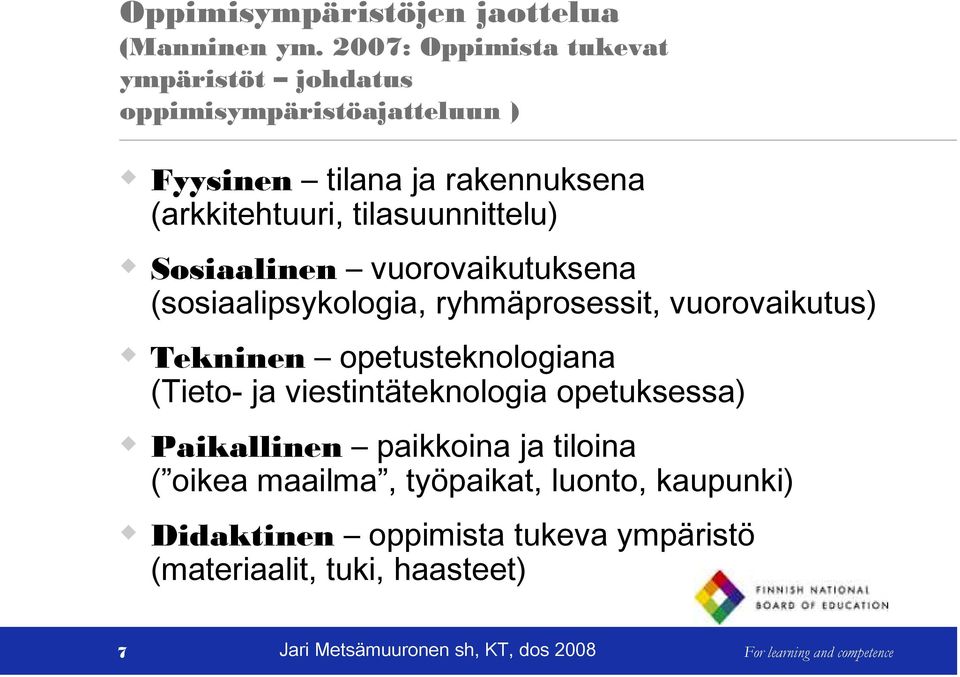 tilasuunnittelu) Sosiaalinen vuorovaikutuksena (sosiaalipsykologia, ryhmäprosessit, vuorovaikutus) Tekninen opetusteknologiana