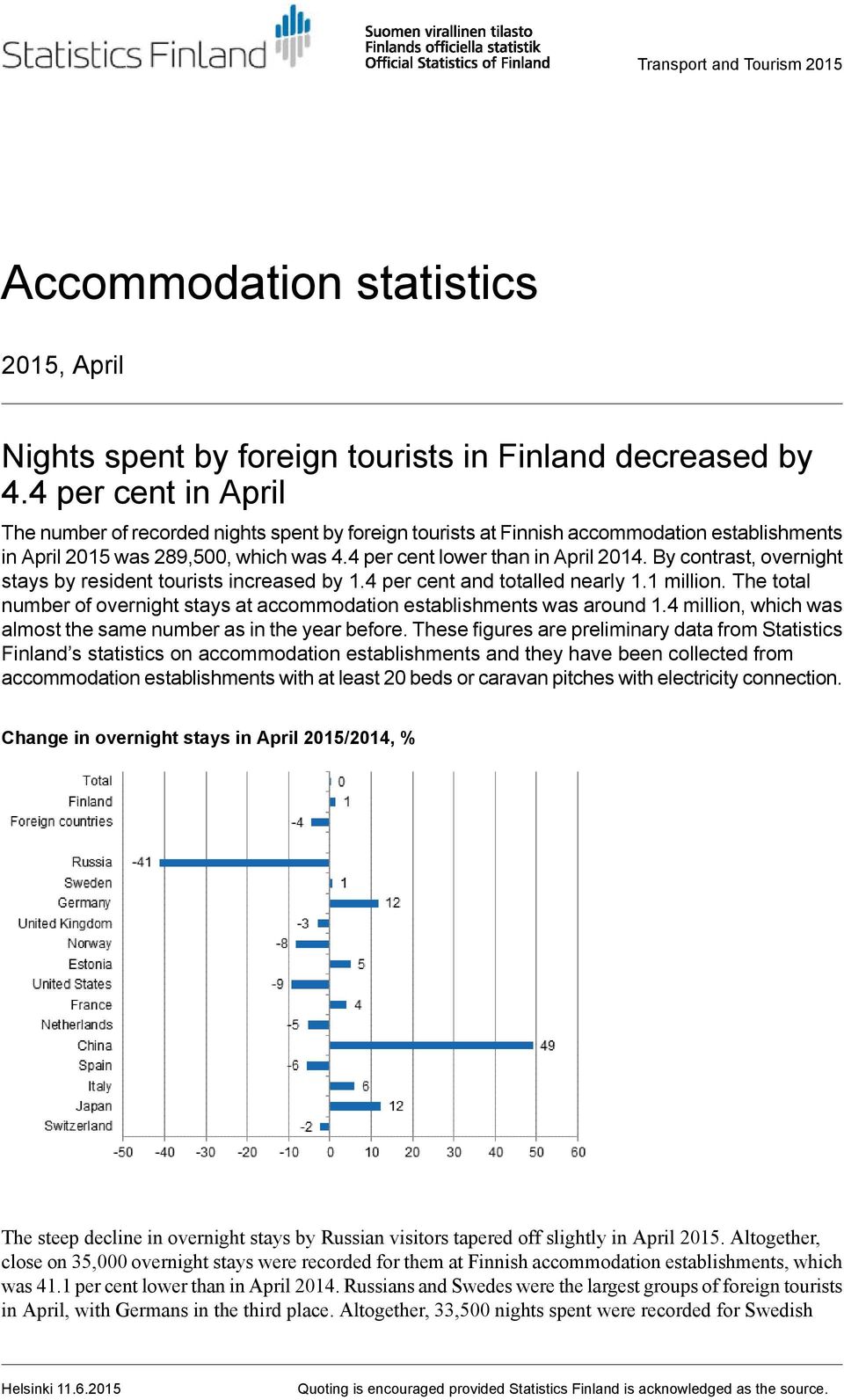 By contrast, overnight stays by resident tourists increased by per cent and totalled nearly 1.1 million.