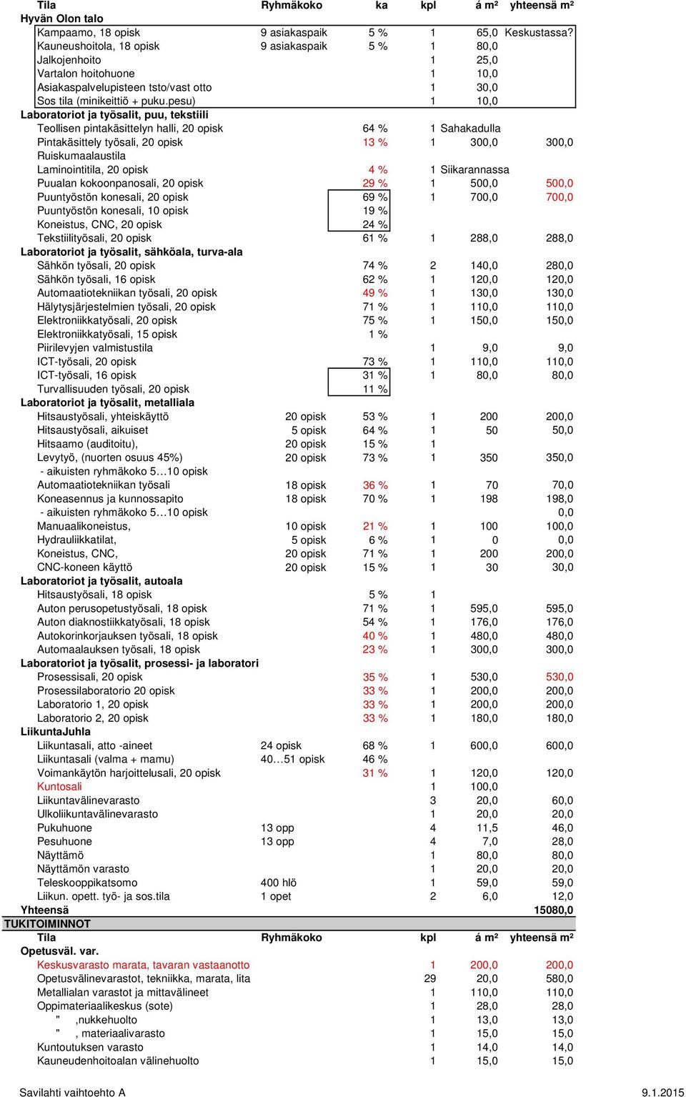 pesu) 1 10,0 Laboratoriot ja työsalit, puu, tekstiili Teollisen pintakäsittelyn halli, 20 opisk 64 % 1 Sahakadulla Pintakäsittely työsali, 20 opisk 13 % 1 300,0 300,0 Ruiskumaalaustila