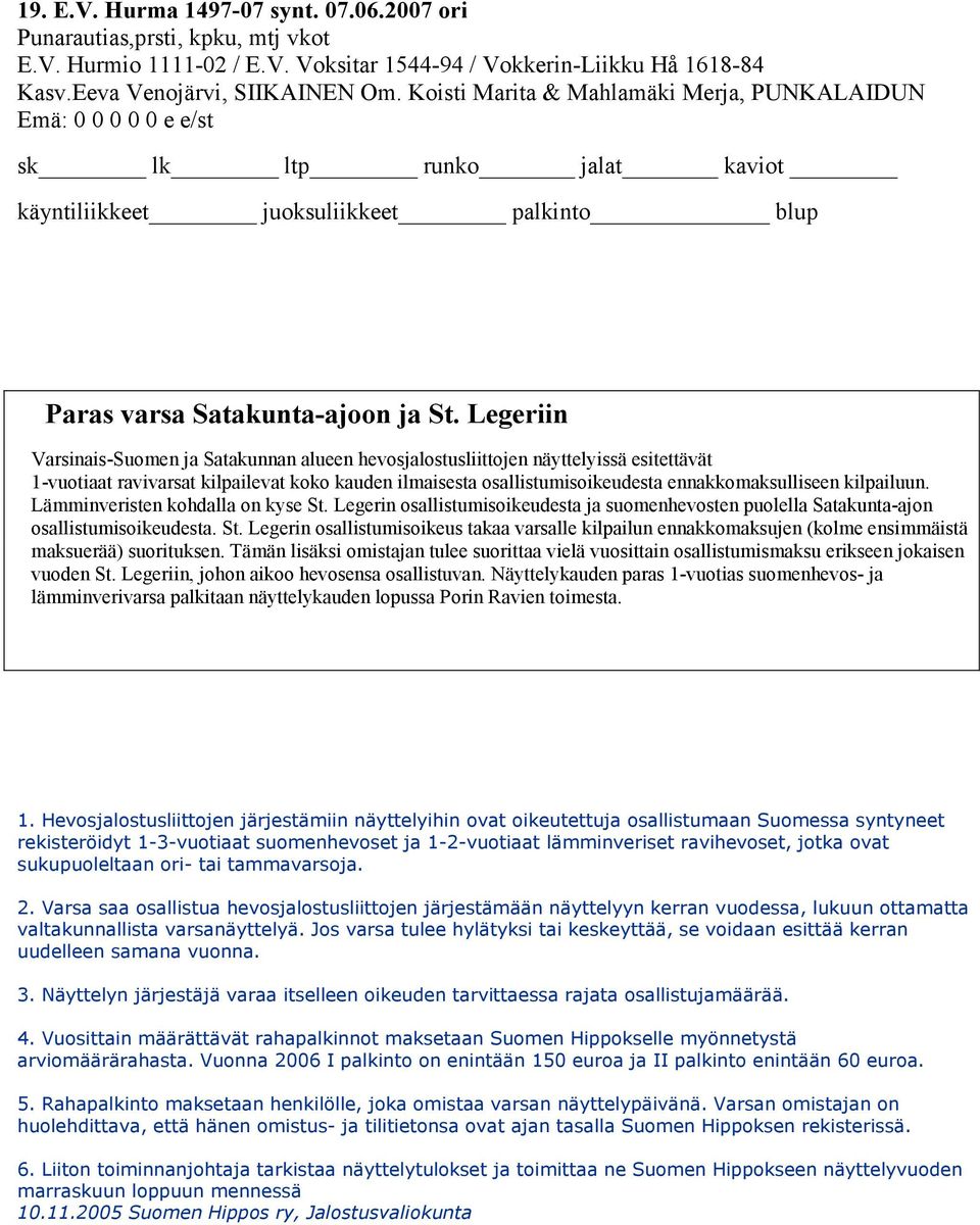 Legeriin Varsinais-Suomen ja Satakunnan alueen hevosjalostusliittojen näyttelyissä esitettävät 1-vuotiaat ravivarsat kilpailevat koko kauden ilmaisesta osallistumisoikeudesta ennakkomaksulliseen