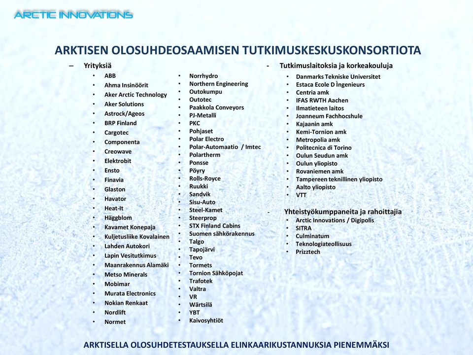 Nordlift Normet Norrhydro Northern Engineering Outokumpu Outotec Paakkola Conveyors PJ-Metalli PKC Pohjaset Polar Electro Polar-Automaatio / Imtec Polartherm Ponsse Pöyry Rolls-Royce Ruukki Sandvik