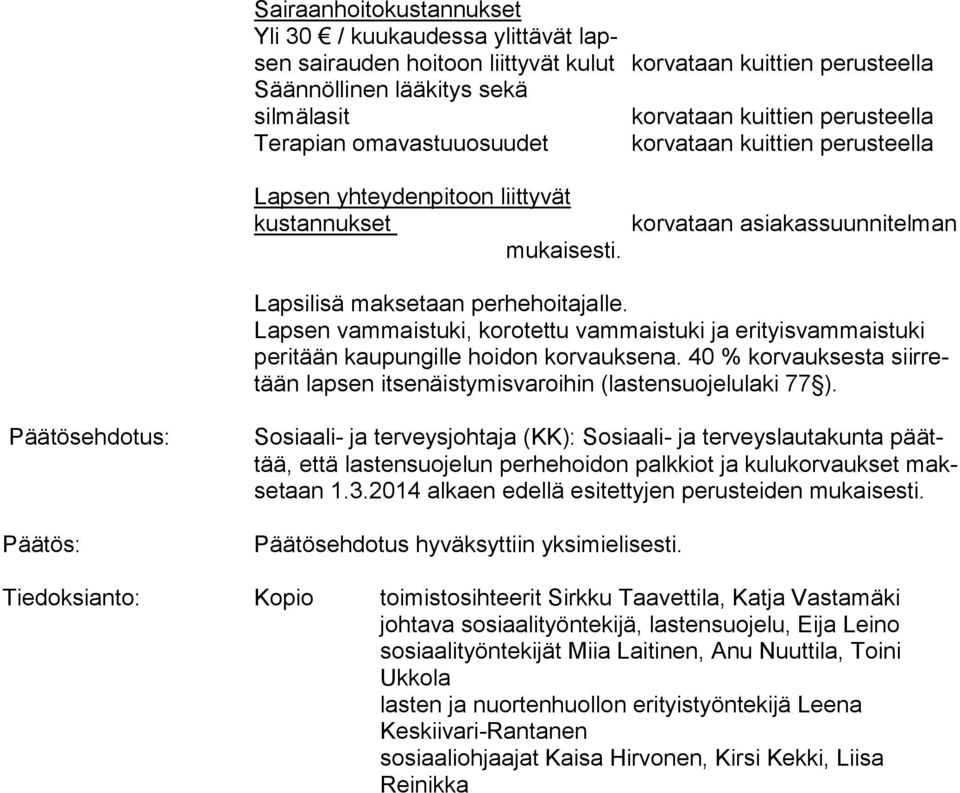 Lapsen vammaistuki, korotettu vammaistuki ja erityisvammaistuki pe ri tään kaupungille hoi don korvauksena. 40 % korvauksesta siir retään lapsen it se näis ty mis va roi hin (lastensuojelulaki 77 ).