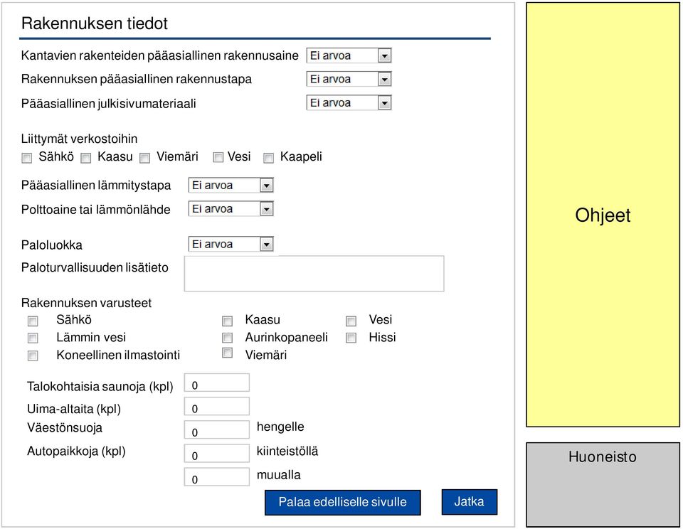 Paloluokka Paloturvallisuuden lisätieto Rakennuksen varusteet Sähkö Lämmin vesi Koneellinen ilmastointi Kaasu Aurinkopaneeli