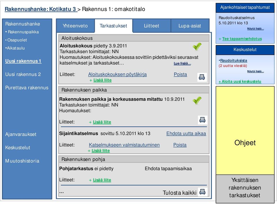 2011 Tarkastuksen toimittajat: NN Huomautukset: Aloituskokouksessa sovittiin pidettäviksi seuraavat katselmukset ja tarkastukset Lue lisää Liitteet: Aloituskokouksen pöytäkirja Poista + Lisää liite