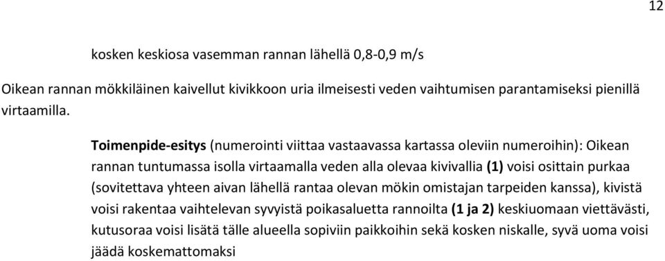 Toimenpide-esitys (numerointi viittaa vastaavassa kartassa oleviin numeroihin): Oikean rannan tuntumassa isolla virtaamalla veden alla olevaa kivivallia (1) voisi