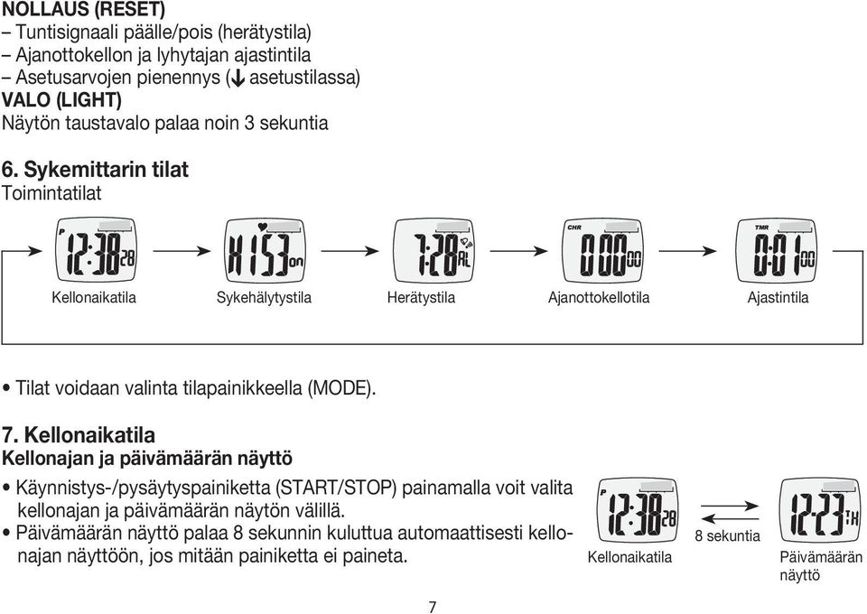 Sykemittarin tilat Toimintatilat Kellonaikatila Sykehälytystila Herätystila Ajanottokellotila Ajastintila Tilat voidaan valinta tilapainikkeella (MODE). 7.