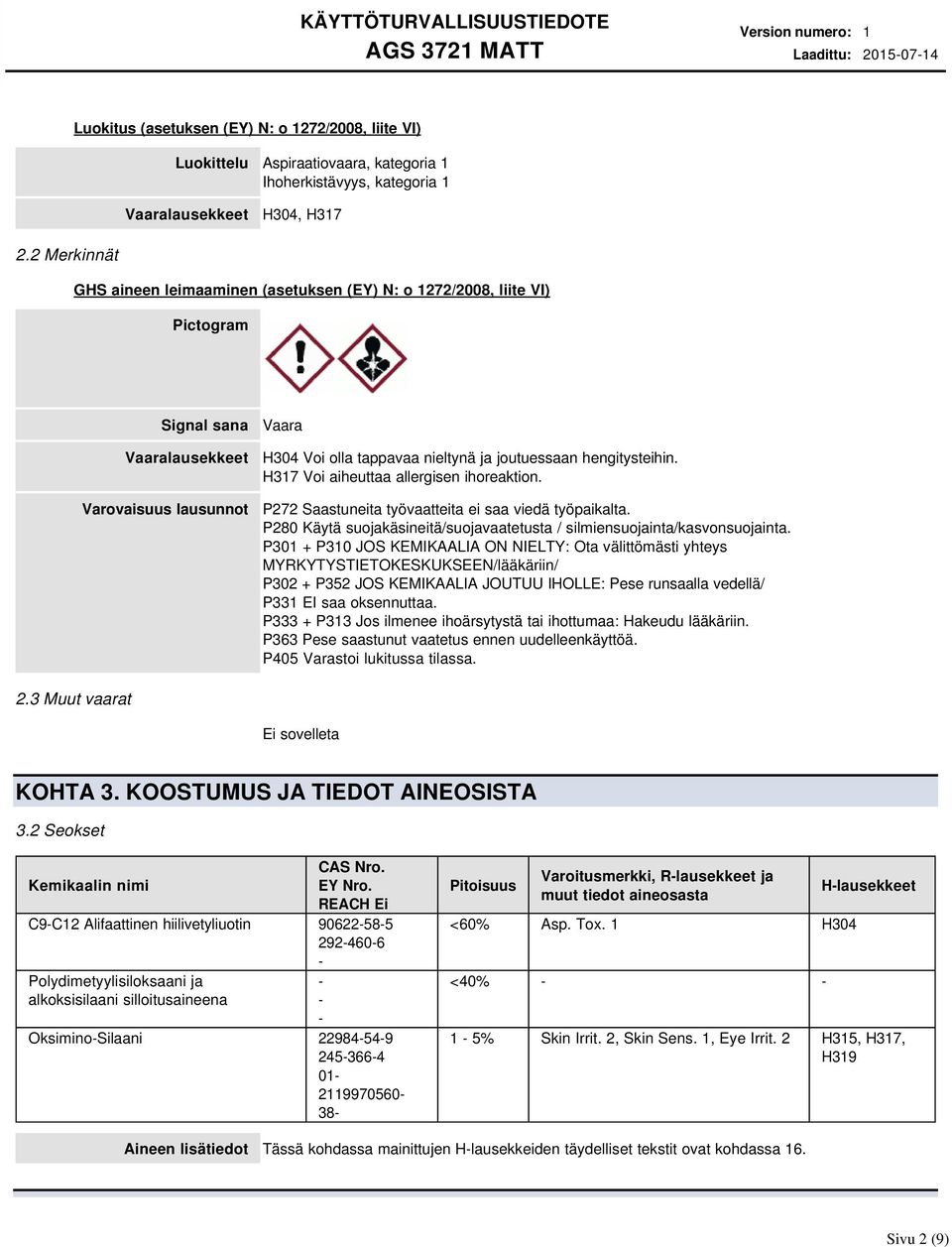 hengitysteihin. H317 Voi aiheuttaa allergisen ihoreaktion. P272 Saastuneita työvaatteita ei saa viedä työpaikalta. P280 Käytä suojakäsineitä/suojavaatetusta / silmiensuojainta/kasvonsuojainta.