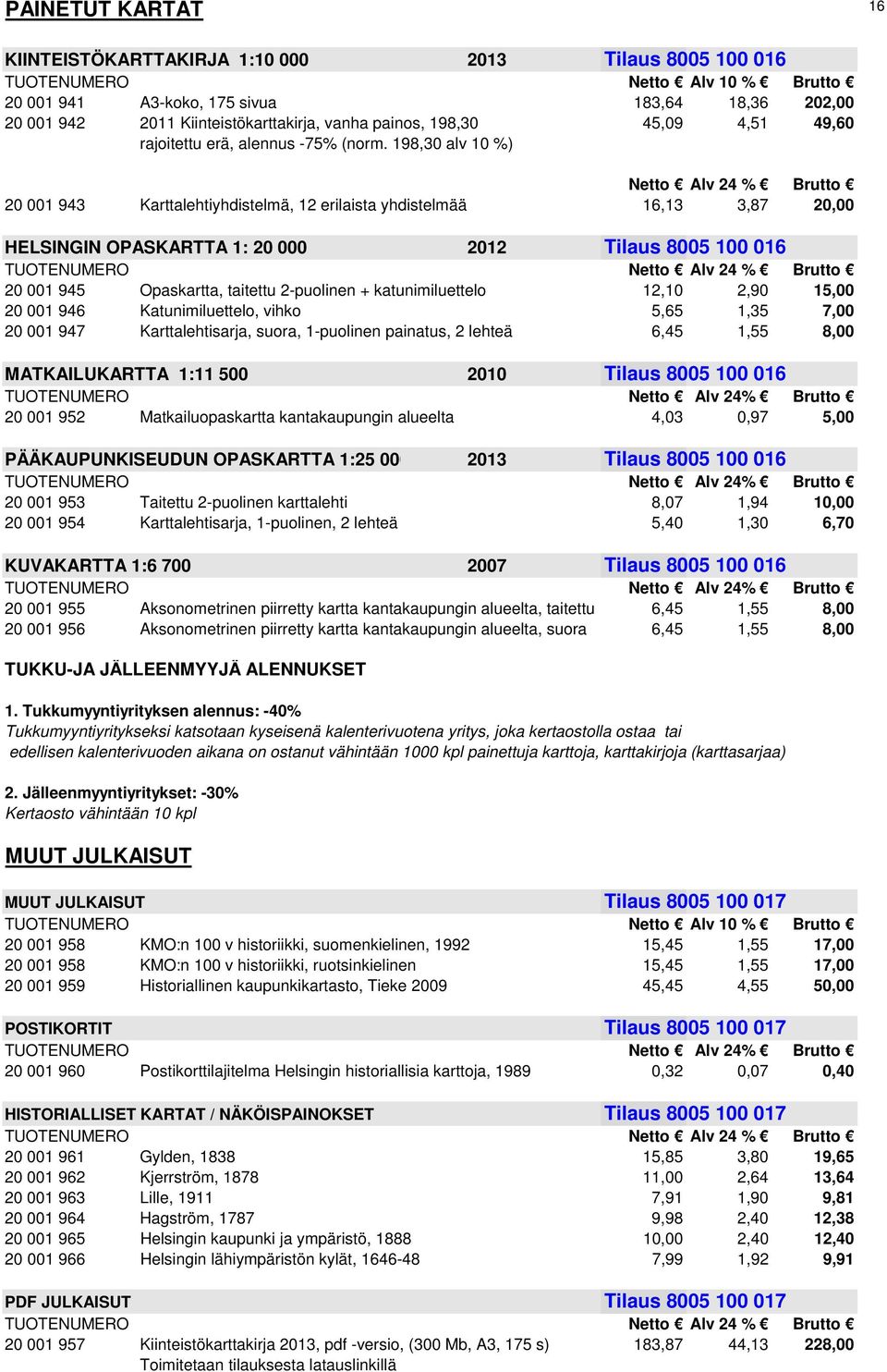 198,30 alv 10 %) Netto Alv 24 % Brutto 20 001 943 Karttalehtiyhdistelmä, 12 erilaista yhdistelmää 16,13 3,87 20,00 HELSINGIN OPASKARTTA 1: 20 000 2012 Tilaus 8005 100 016 20 001 945 Opaskartta,
