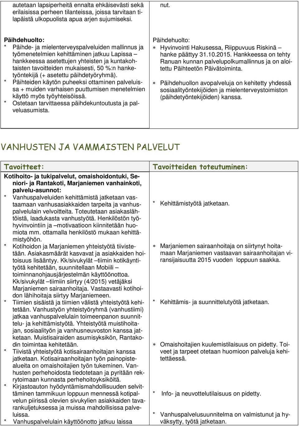 hanketyöntekijä (+ asetettu päihdetyöryhmä). * Päihteiden käytön puheeksi ottaminen palveluissa + muiden varhaisen puuttumisen menetelmien käyttö myös työyhteisöissä.