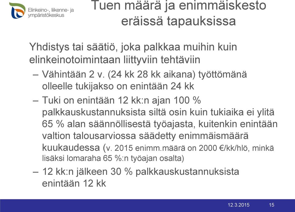 kuin tukiaika ei ylitä 65 % alan säännöllisestä työajasta, kuitenkin enintään valtion talousarviossa säädetty enimmäismäärä kuukaudessa (v.