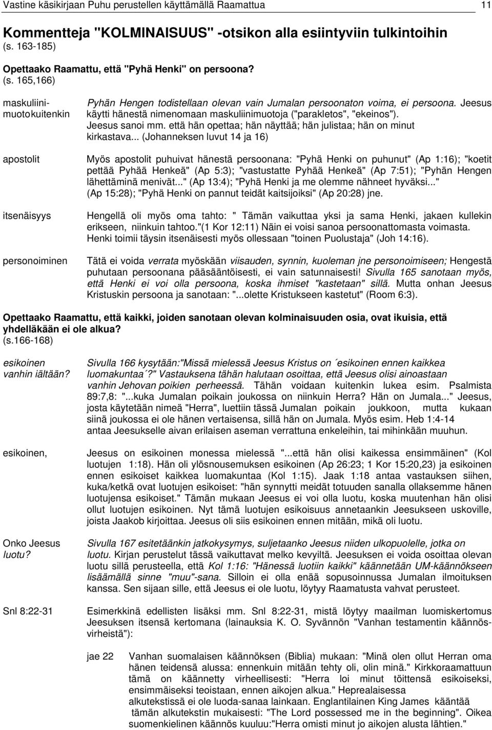 165,166) maskuliinimuoto kuitenkin apostolit itsenäisyys personoiminen Pyhän Hengen todistellaan olevan vain Jumalan persoonaton voima, ei persoona.