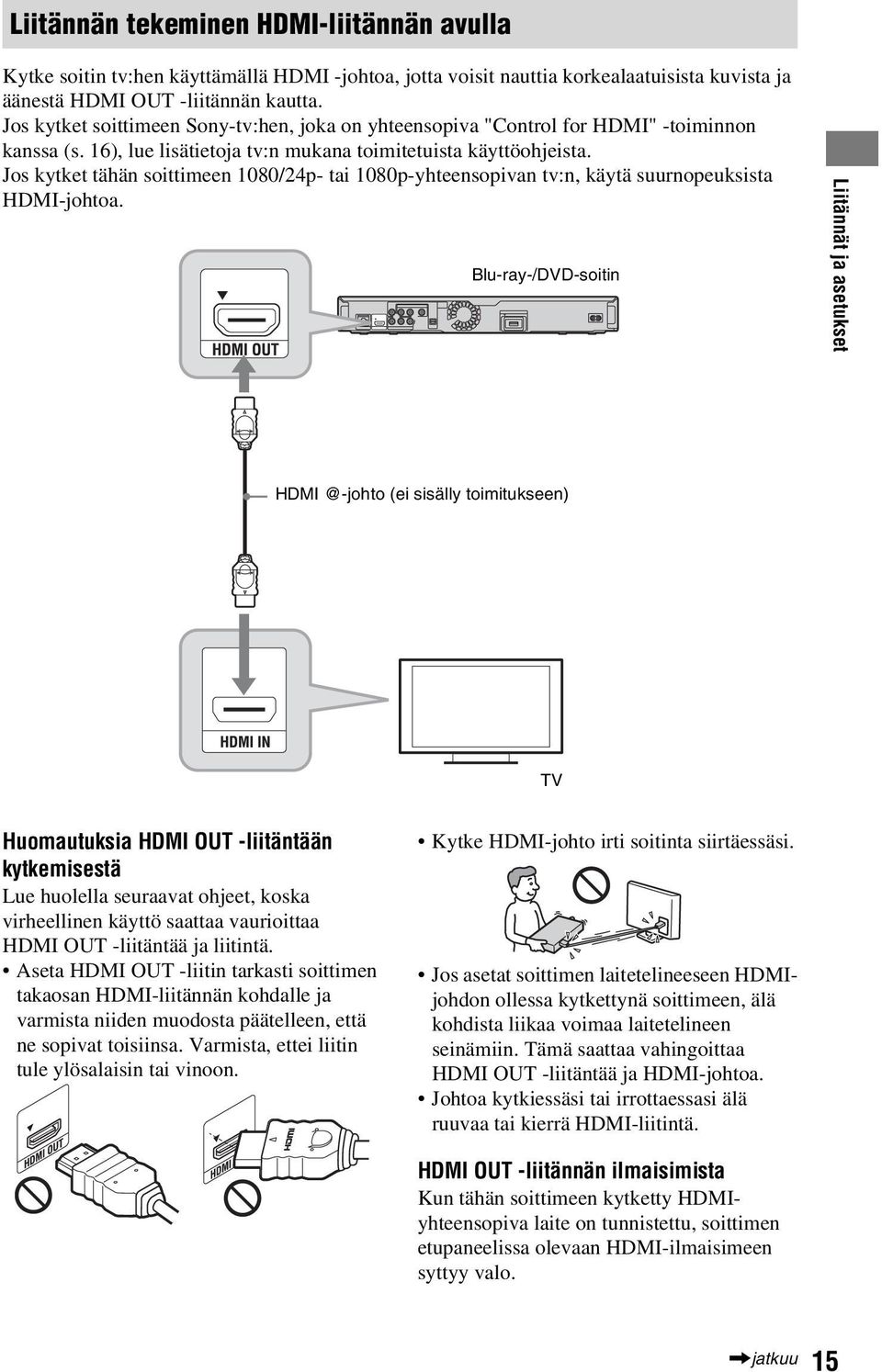 Jos kytket tähän soittimeen 1080/24p- tai 1080p-yhteensopivan tv:n, käytä suurnopeuksista HDMI-johtoa.