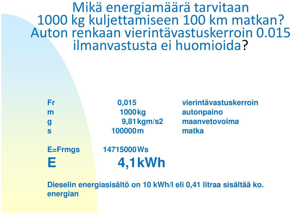 Fr 0,015 vierintävastuskerroin m 1000kg autonpaino g 9,81kgm/s2 maanvetovoima s