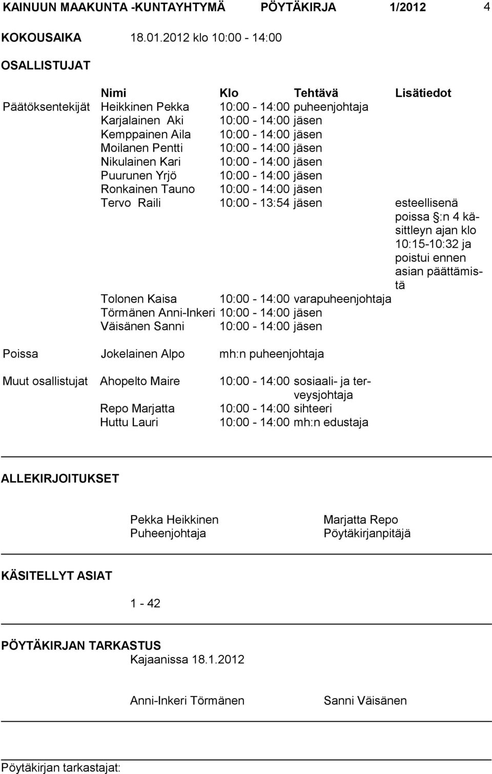 2012 klo 10:00-14:00 OSALLISTUJAT Nimi Klo Tehtävä Lisätiedot Päätöksentekijät Heikkinen Pekka 10:00-14:00 puheenjohtaja Karjalainen Aki 10:00-14:00 jäsen Kemppainen Aila 10:00-14:00 jäsen Moilanen