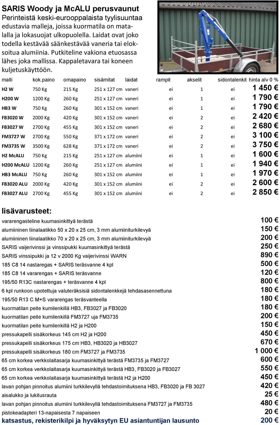 paino omapaino sisämitat laidat rampit akselit sidontalenkit hinta alv 0 % H2 W 750 Kg 215 Kg 251 x 127 cm vaneri ei 1 ei H200 W 1200 Kg 260 Kg 251 x 127 cm vaneri ei 1 ei HB3 W 750 Kg 260 Kg 301 x