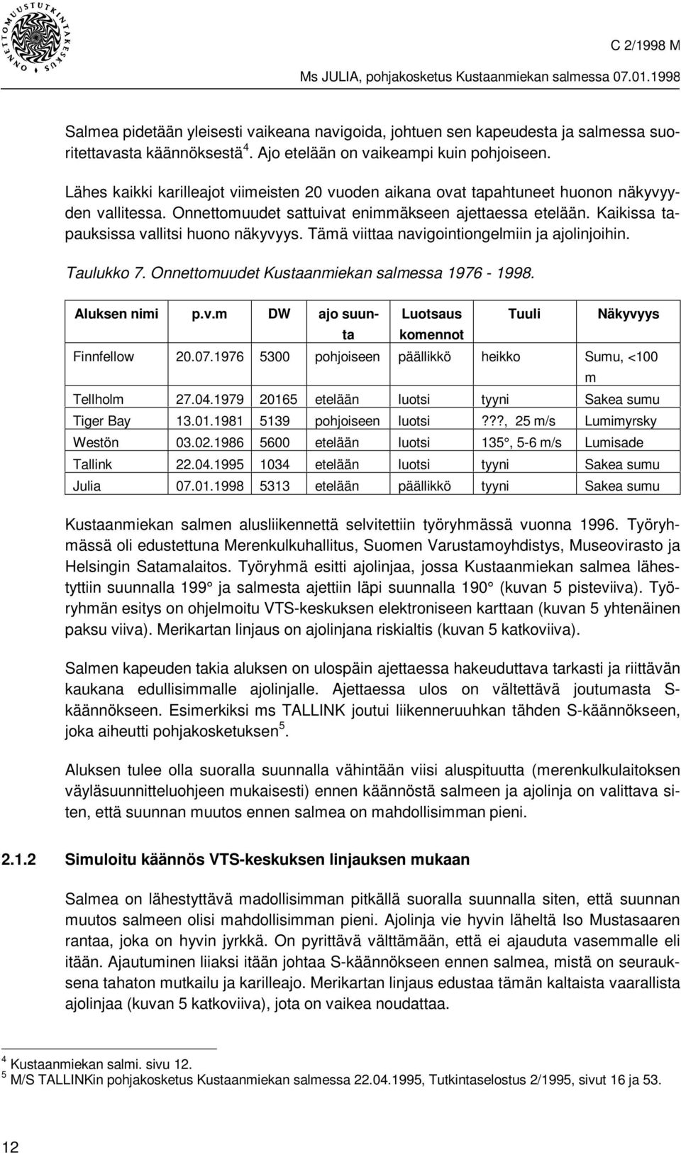 Kaikissa tapauksissa vallitsi huono näkyvyys. Tämä viittaa navigointiongelmiin ja ajolinjoihin. Taulukko 7. Onnettomuudet Kustaanmiekan salmessa 1976-1998. Aluksen nimi p.v.m DW ajo suunta Luotsaus komennot Tuuli Näkyvyys Finnfellow 20.