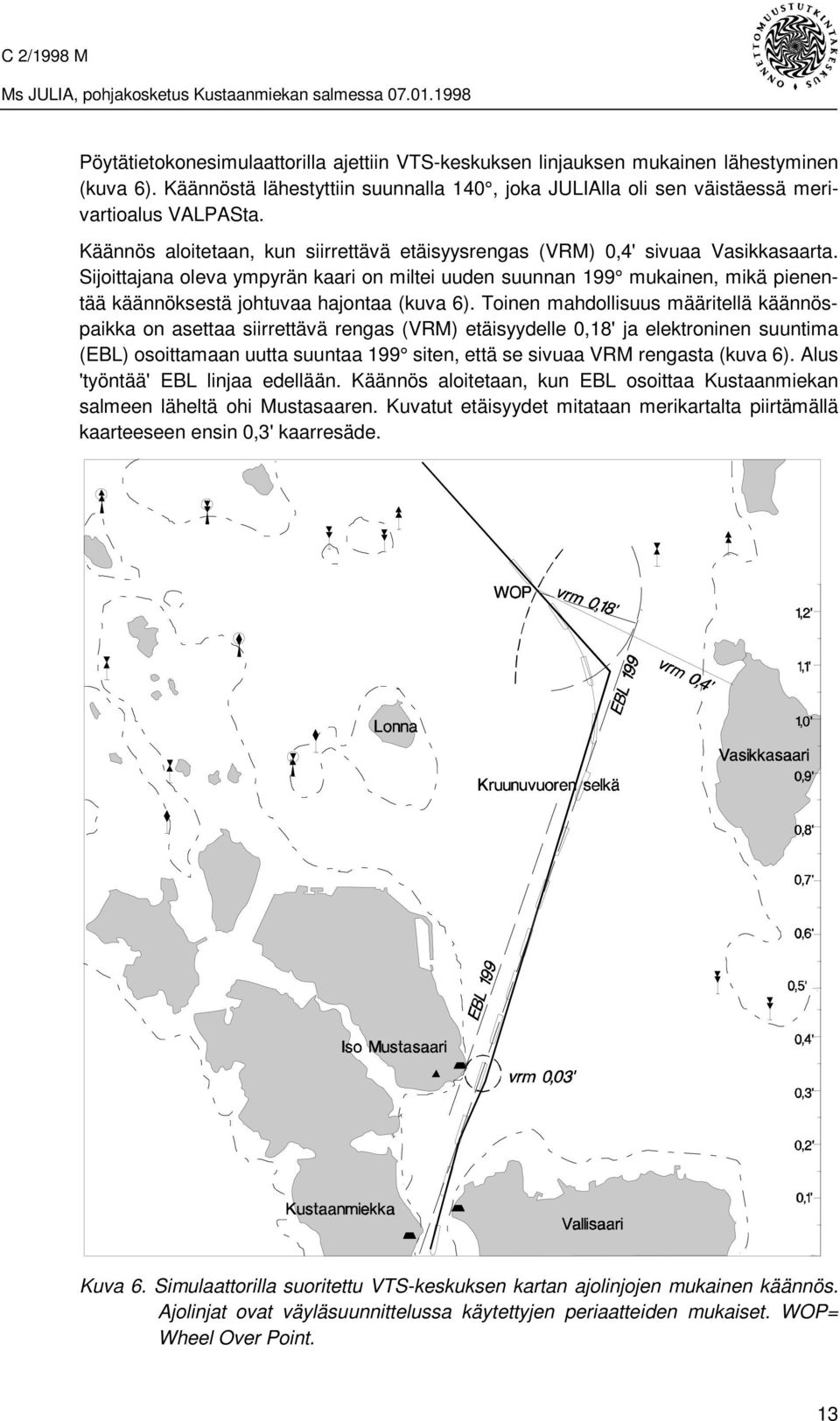 Sijoittajana oleva ympyrän kaari on miltei uuden suunnan 199 mukainen, mikä pienentää käännöksestä johtuvaa hajontaa (kuva 6).