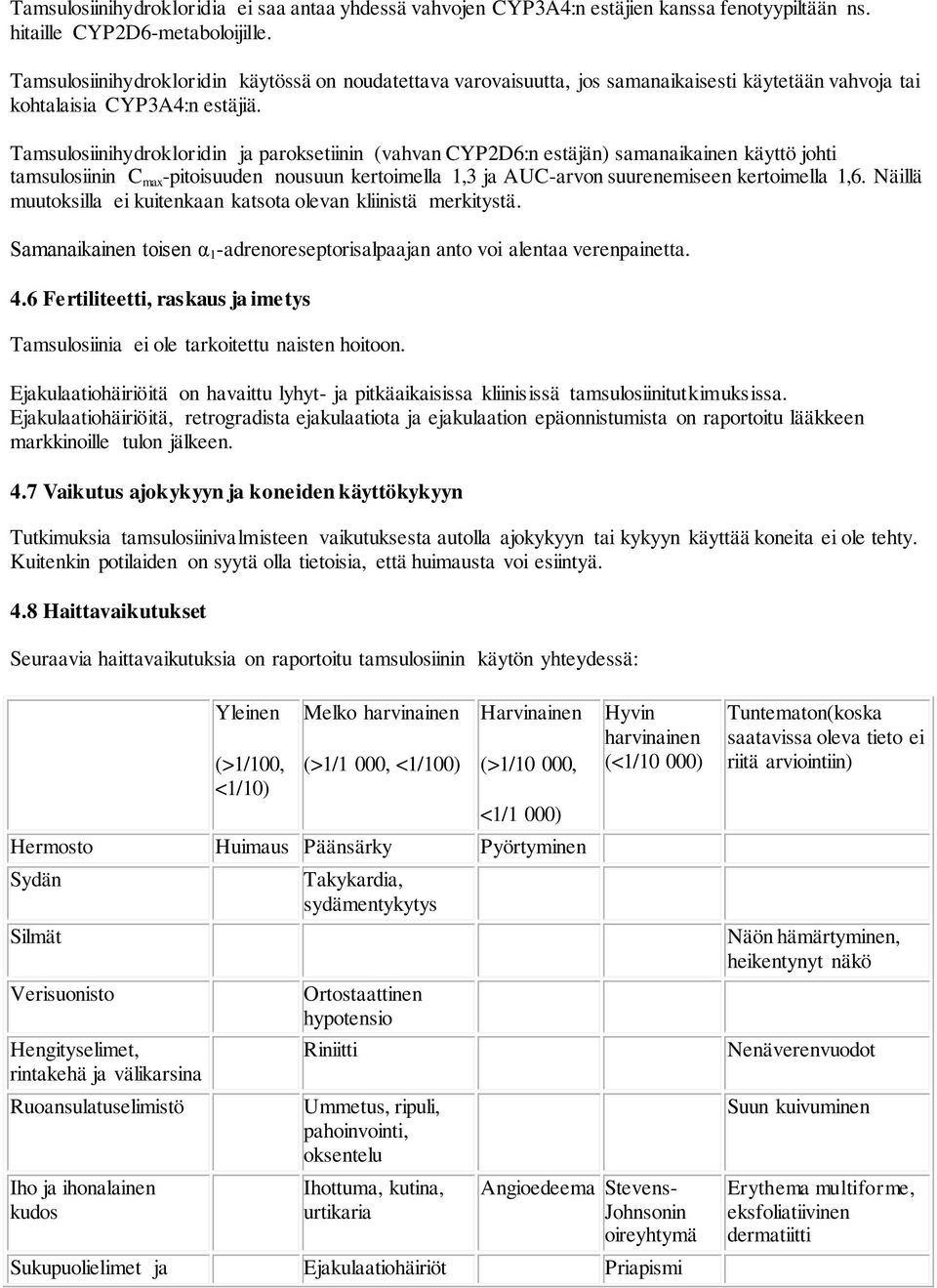 Tamsulosiinihydrokloridin ja paroksetiinin (vahvan CYP2D6:n estäjän) samanaikainen käyttö johti tamsulosiinin C max -pitoisuuden nousuun kertoimella 1,3 ja AUC-arvon suurenemiseen kertoimella 1,6.