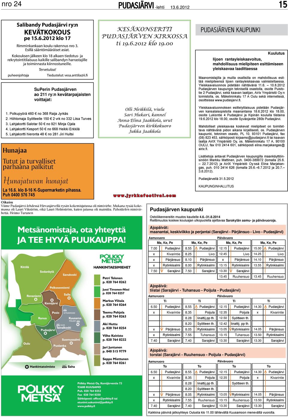 fi SuPerin Pudasjärven ao 211 ry:n kevätarpajaisten voittajat: 1. Polkupyörä 460 no 368 Raija Jyrkäs 2. Hiihtomaja Syötteelle 150 2 vrk no 332 Liisa Turves 3.