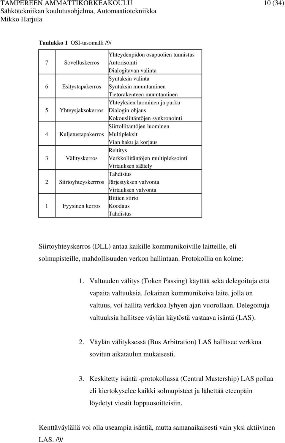 Vian haku ja korjaus Reititys 3 Välityskerros Verkkoliitäntöjen multipleksointi Virtauksen säätely Tahdistus 2 Siirtoyhteyskerrros Järjestyksen valvonta Virtauksen valvonta Bittien siirto 1 Fyysinen