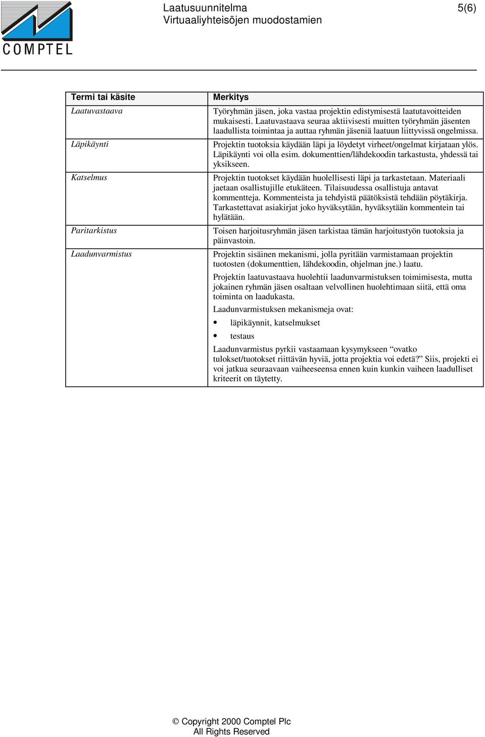 Projektin tuotoksia käydään läpi ja löydetyt virheet/ongelmat kirjataan ylös. Läpikäynti voi olla esim. dokumenttien/lähdekoodin tarkastusta, yhdessä tai yksikseen.