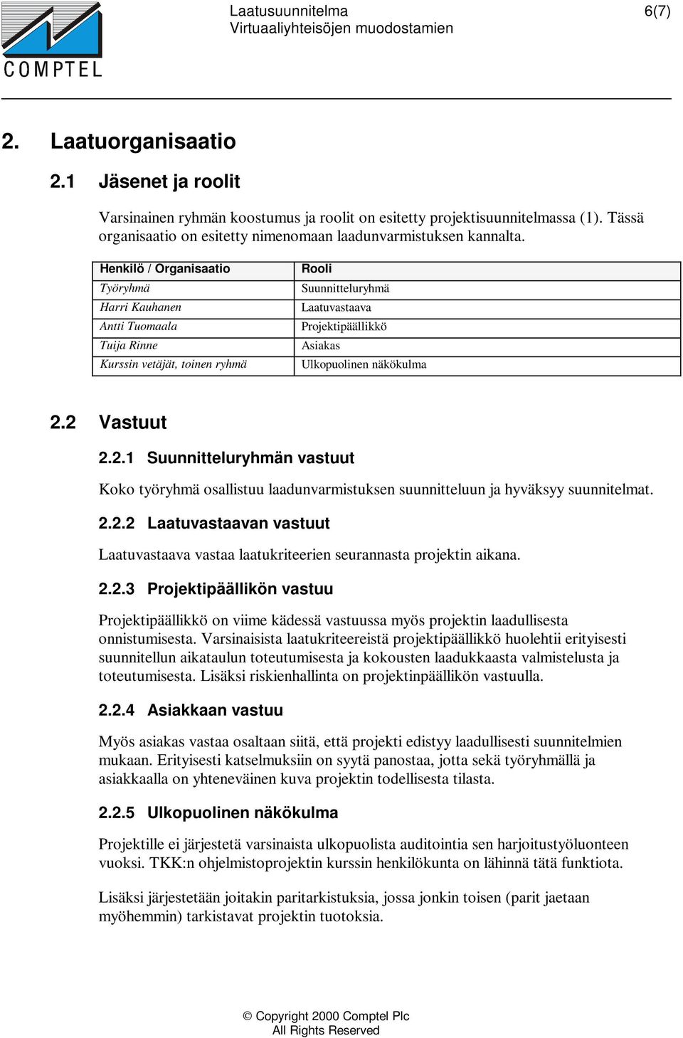 2 Vastuut 2.2.1 Suunnitteluryhmän vastuut Koko työryhmä osallistuu laadunvarmistuksen suunnitteluun ja hyväksyy suunnitelmat. 2.2.2 Laatuvastaavan vastuut Laatuvastaava vastaa laatukriteerien seurannasta projektin aikana.