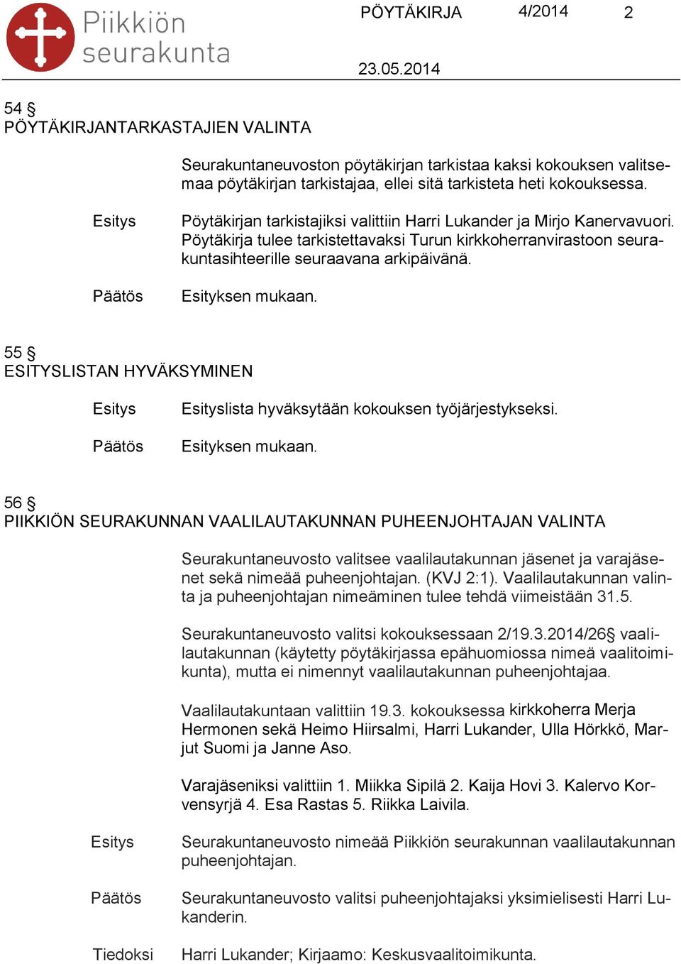 55 ESITYSLISTAN HYVÄKSYMINEN lista hyväksytään kokouksen työjärjestykseksi. Esityksen mukaan.