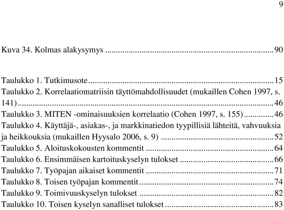 Käyttäjä-, asiakas-, ja markkinatiedon tyypillisiä lähteitä, vahvuuksia ja heikkouksia (mukaillen Hyysalo 2006, s. 9)... 52 Taulukko 5. Aloituskokousten kommentit.