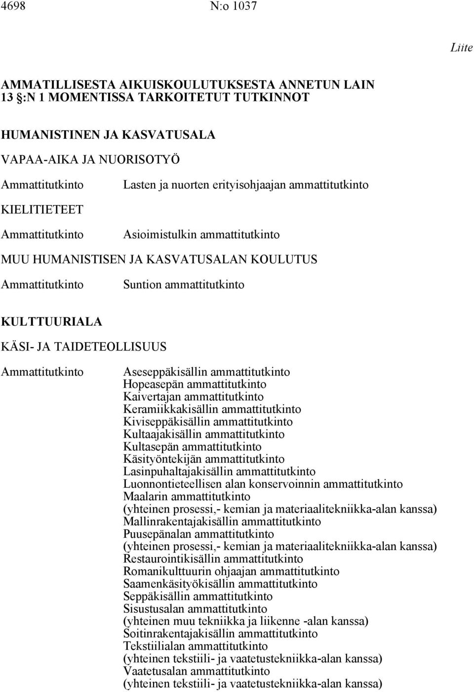 Hopeasepän ammattitutkinto Kaivertajan ammattitutkinto Keramiikkakisällin ammattitutkinto Kiviseppäkisällin ammattitutkinto Kultaajakisällin ammattitutkinto Kultasepän ammattitutkinto Käsityöntekijän