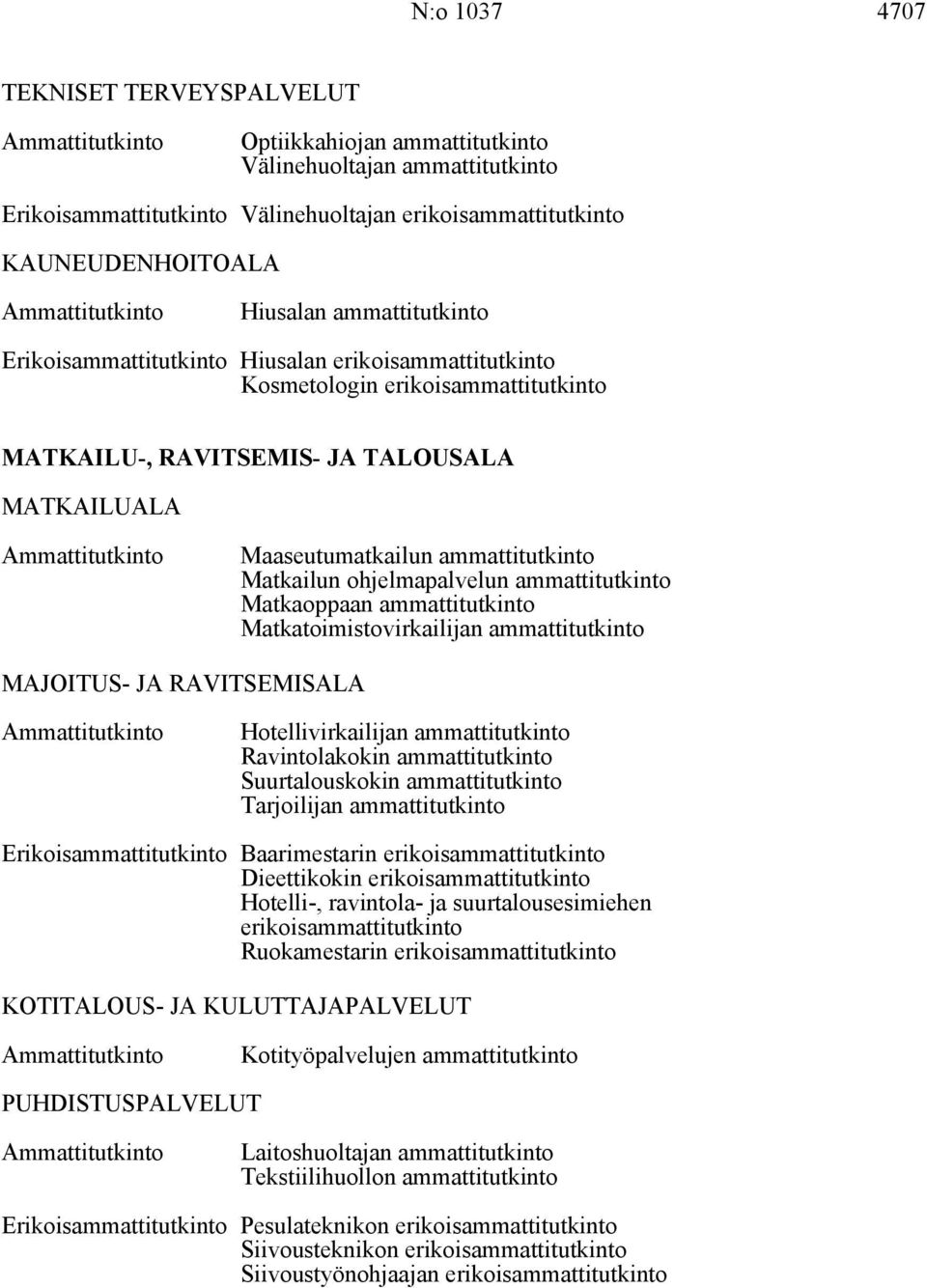 ohjelmapalvelun ammattitutkinto Matkaoppaan ammattitutkinto Matkatoimistovirkailijan ammattitutkinto MAJOITUS- JA RAVITSEMISALA Hotellivirkailijan ammattitutkinto Ravintolakokin ammattitutkinto