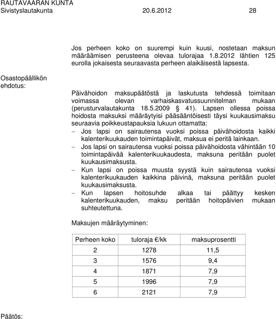 Lapsen ollessa poissa hoidosta maksuksi määräytyisi pääsääntöisesti täysi kuukausimaksu seuraavia poikkeustapauksia lukuun ottamatta: Jos lapsi on sairautensa vuoksi poissa päivähoidosta kaikki