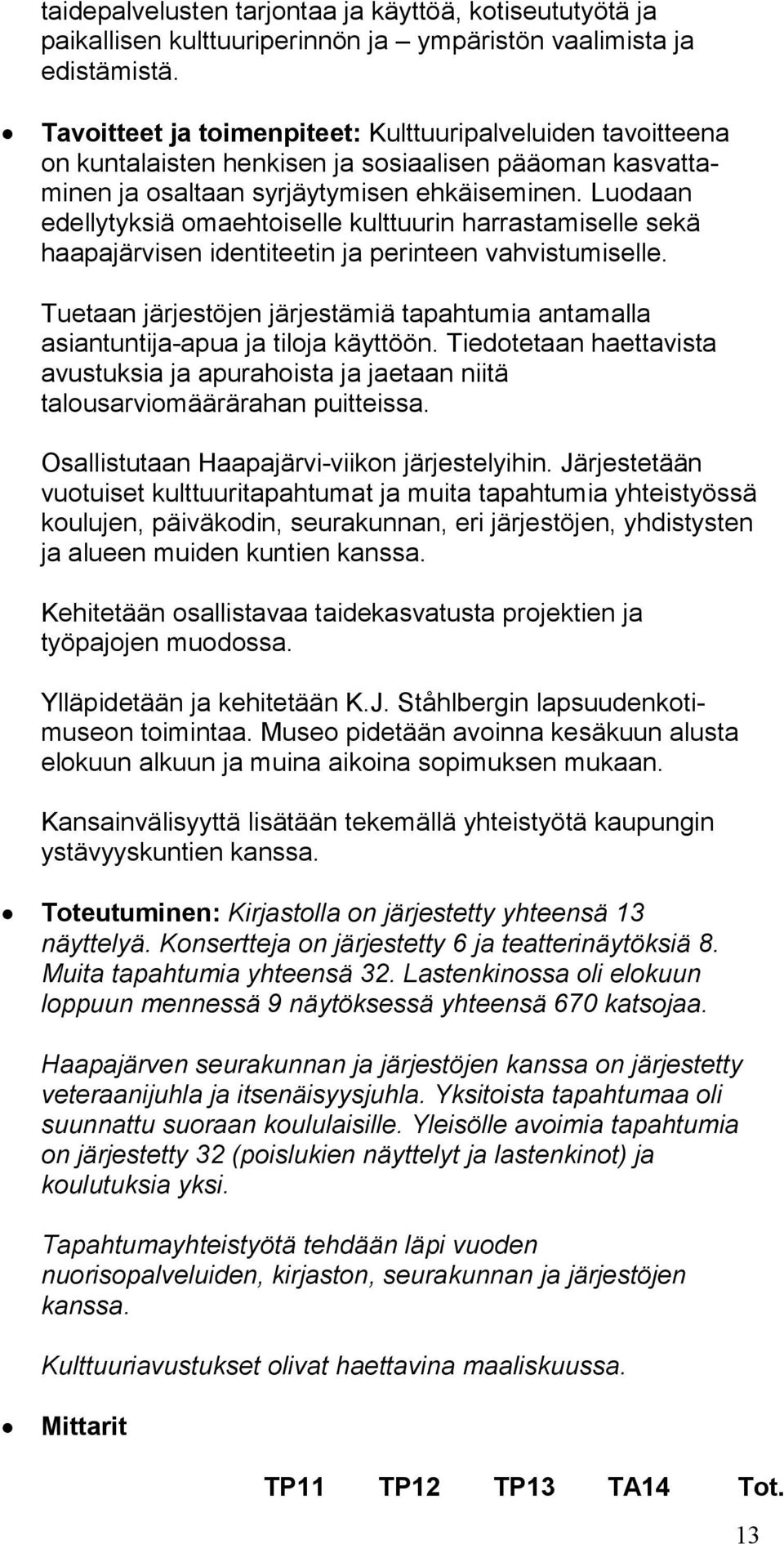 Luodaan edellytyksiä omaehtoiselle kulttuurin harrastamiselle sekä haapajärvisen identiteetin ja perinteen vahvistumiselle.