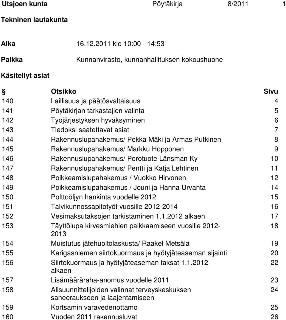 hyväksyminen 6 143 Tiedoksi saatettavat asiat 7 144 Rakennuslupahakemus/ Pekka Mäki ja Armas Putkinen 8 145 Rakennuslupahakemus/ Markku Hopponen 9 146 Rakennuslupahakemus/ Porotuote Länsman Ky 10 147