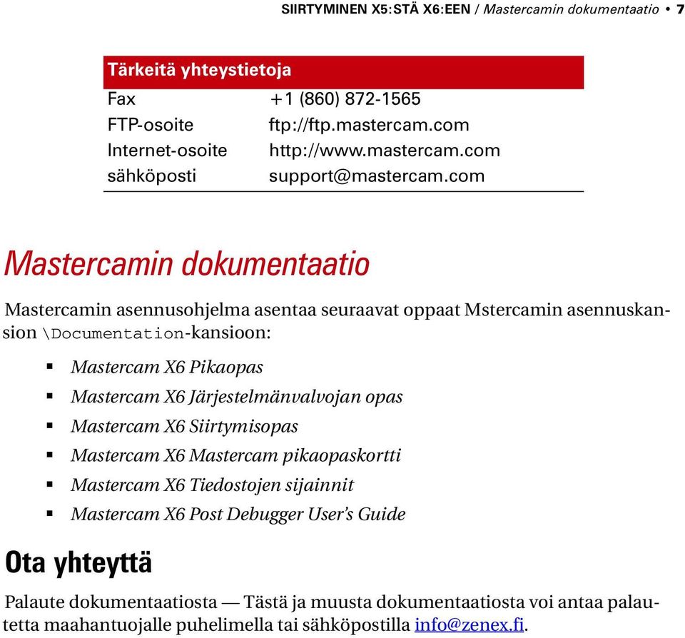 Järjestelmänvalvojan opas Mastercam X6 Siirtymisopas Mastercam X6 Mastercam pikaopaskortti Mastercam X6 Tiedostojen sijainnit Mastercam X6 Post Debugger User s Guide Ota