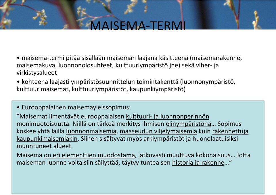 luonnonperinnön monimuotoisuutta. Niillä on tärkeä merkitys ihmisen elinympäristönä opimus koskee yhtä lailla luonnonmaisemia, maaseudun viljelymaisemia kuin rakennettuja kaupunkimaisemiakin.