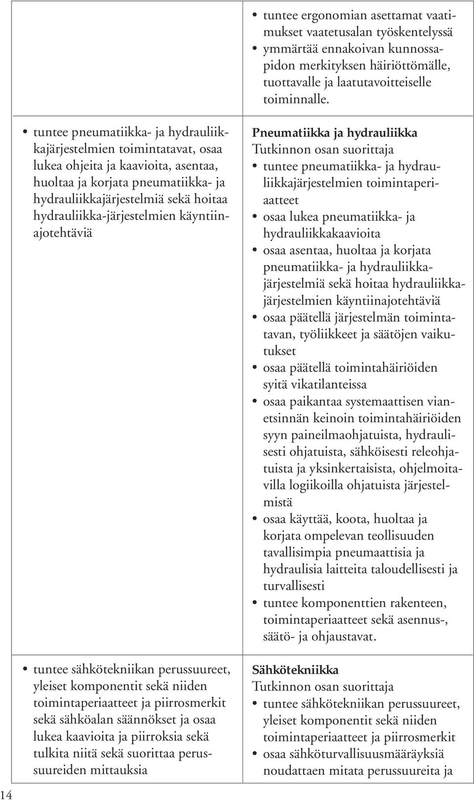 hydrauliikka-järjestelmien käyntiinajotehtäviä tuntee sähkötekniikan perussuureet, yleiset komponentit sekä niiden toimintaperiaatteet ja piirrosmerkit sekä sähköalan säännökset ja osaa lukea