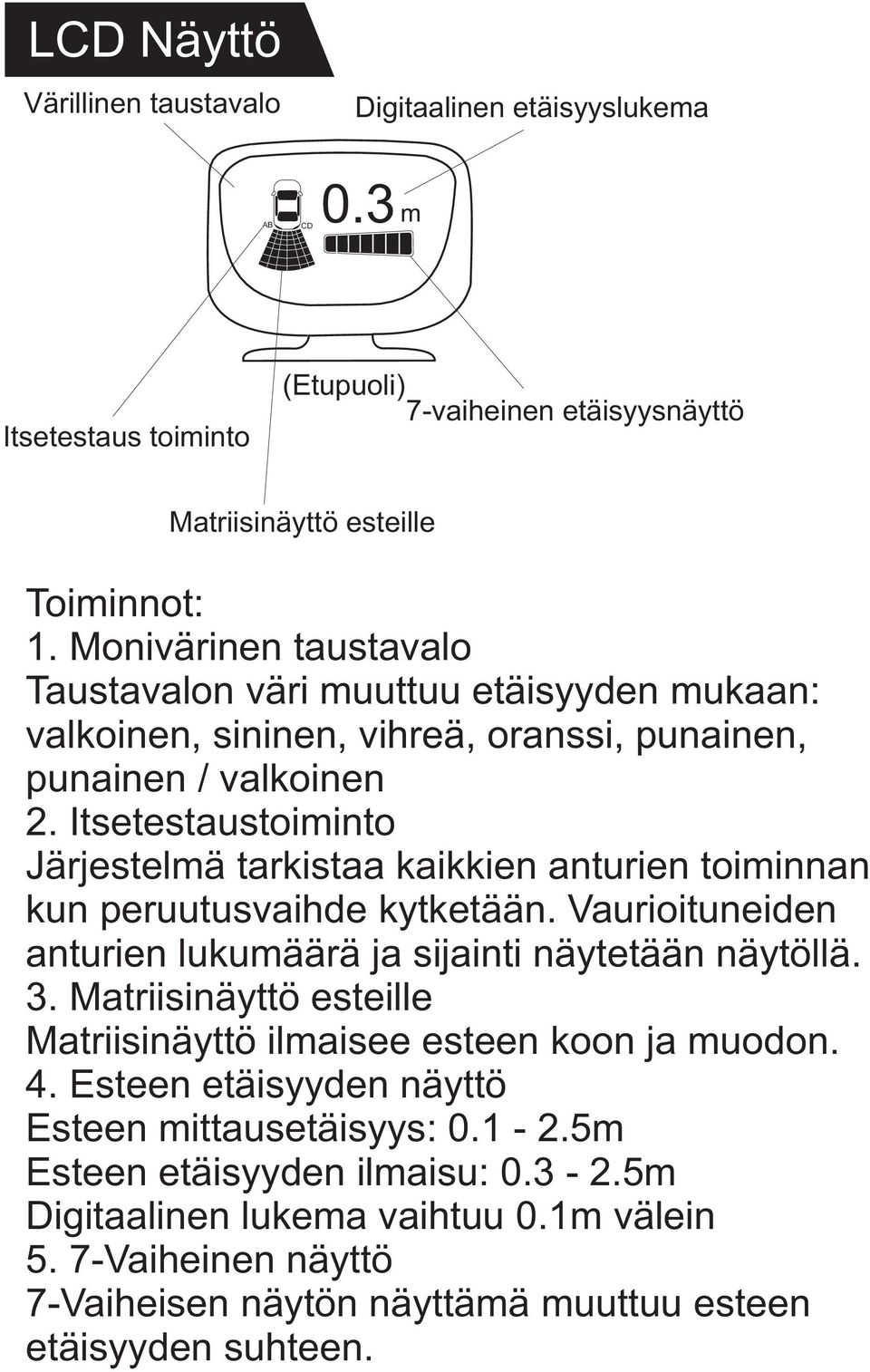 Itsetestaustoiminto Järjestelmä tarkistaa kaikkien anturien toiminnan kun peruutusvaihde kytketään. Vaurioituneiden anturien lukumäärä ja sijainti näytetään näytöllä. 3.