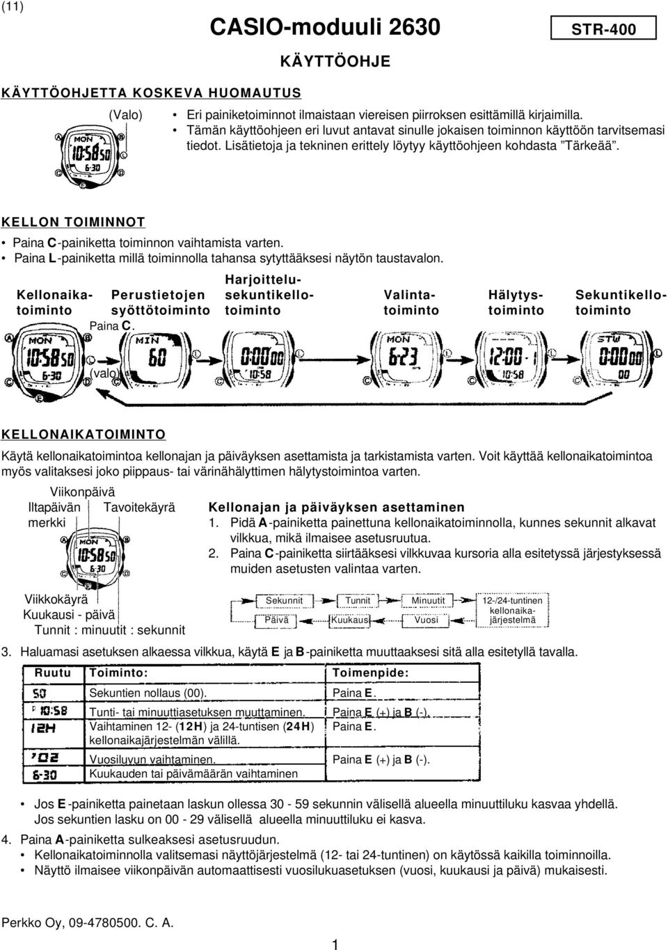 KELLON TOIMINNOT Paina C-painiketta toiminnon vaihtamista varten. Paina L-painiketta millä toiminnolla tahansa sytyttääksesi näytön taustavalon.