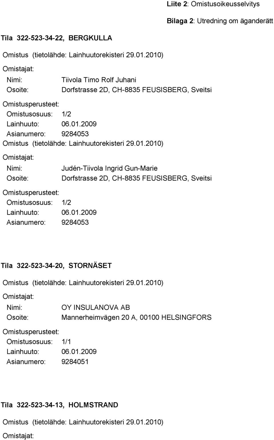 01.2010) Omistajat: Nimi: Osoite: Judén-Tiivola Ingrid Gun-Marie Dorfstrasse 2D, CH-8835 FEUSISBERG, Sveitsi Omistusperusteet: Omistusosuus: 1/2 Lainhuuto: 06.01.2009 Asianumero: 9284053 Tila 322-523-34-20, STORNÄSET Omistus (tietolähde: Lainhuutorekisteri 29.