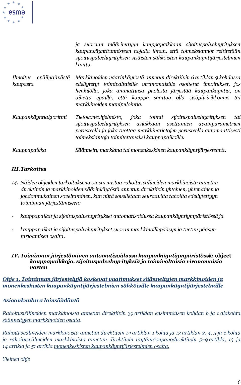 Ilmoitus epäilyttävästä kaupasta Markkinoiden väärinkäytöstä annetun direktiivin 6 artiklan 9 kohdassa edellytetyt toimivaltaisille viranomaisille osoitetut ilmoitukset, jos henkilöllä, joka